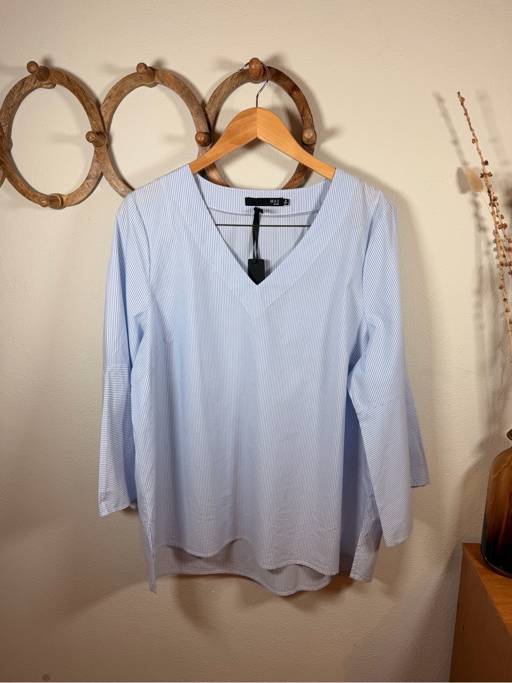 Max Jeans NWT 1X Blue White Stripe Cotton V-Neck Popover Blouse Plus